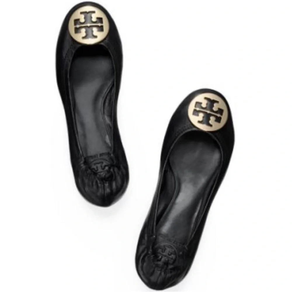 Tory Burch Reva Black Leather Ballet Flats Silver Logo Size 8.5